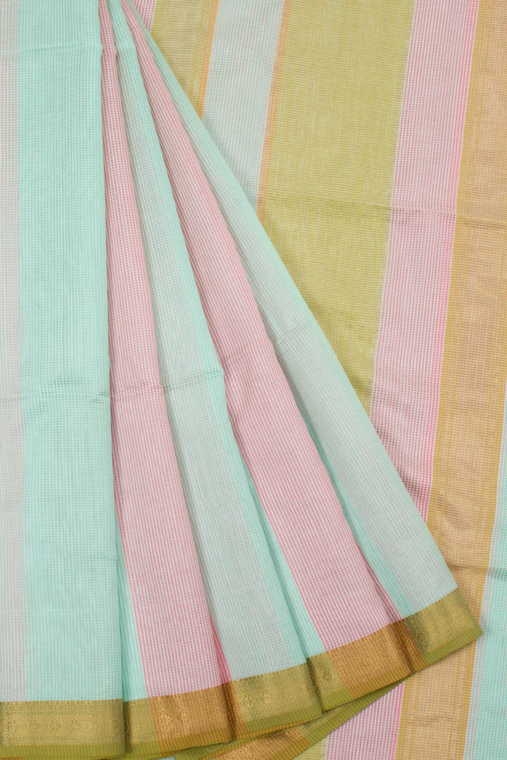 Pastel Green & Pink Handloom Maheswari Silk Cotton Saree 10062606