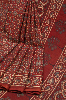 Red Ajrakh Printed Cotton Saree 10062720