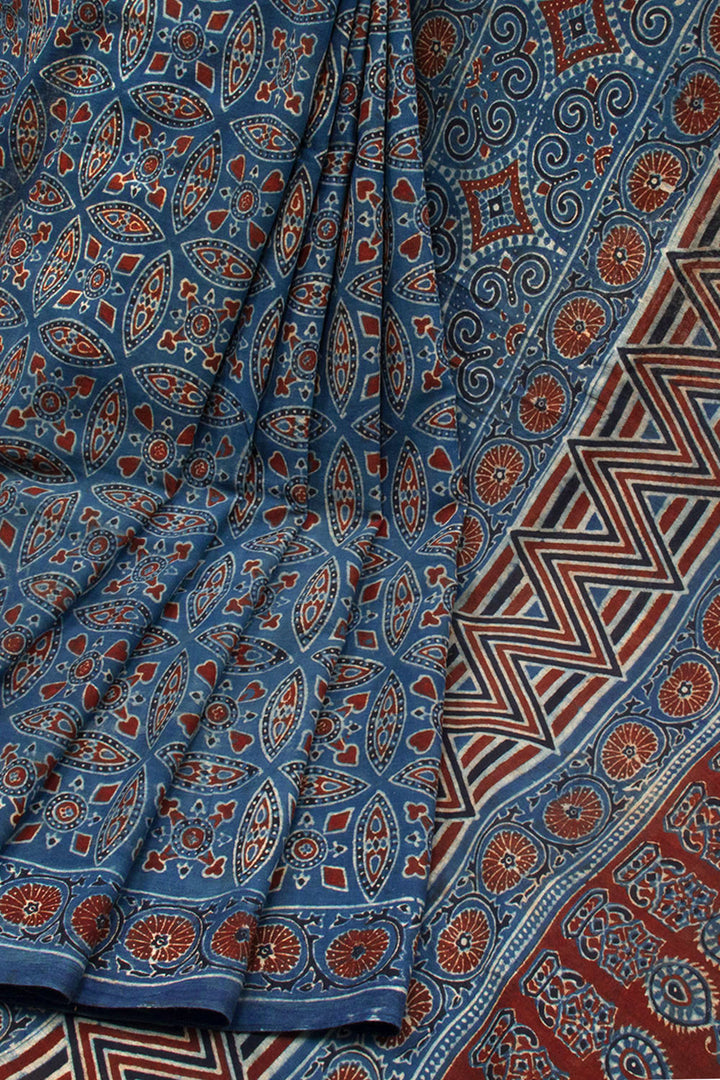 Indigo Blue Ajrakh Printed Silk Cotton Saree 10062722