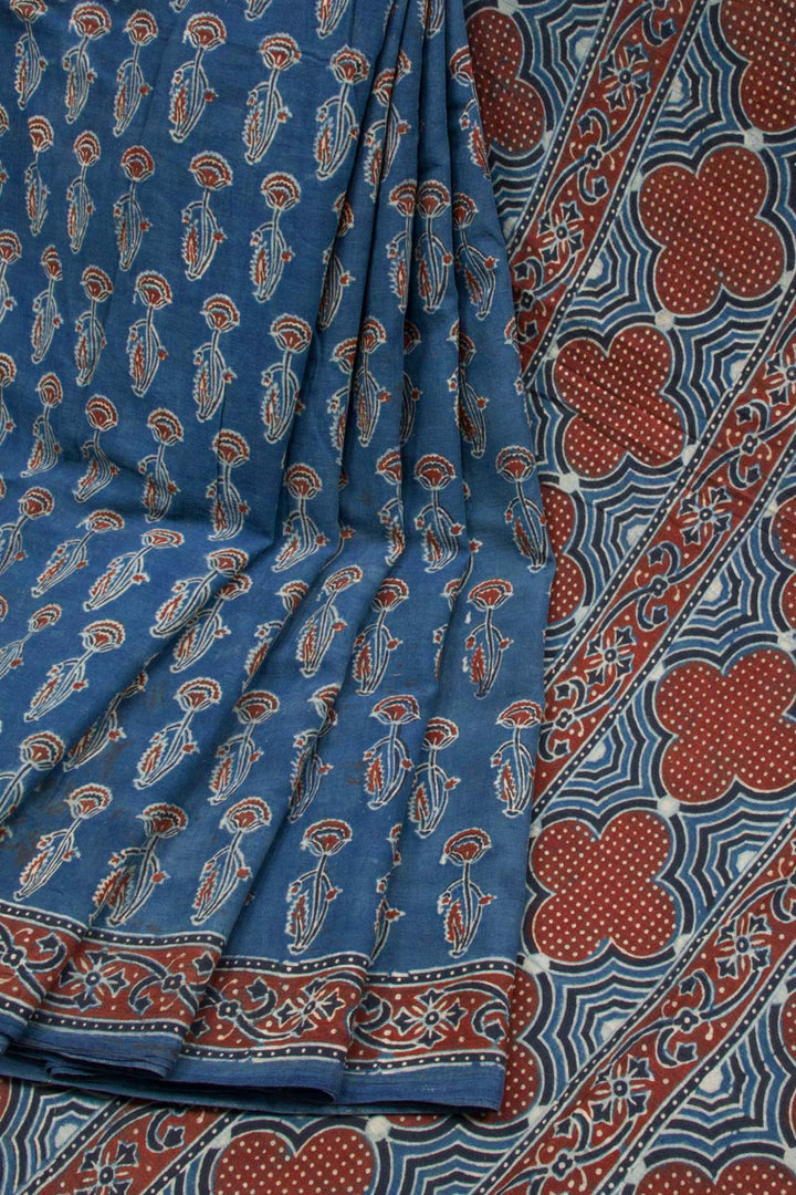 Indigo Blue Ajrakh Printed Cotton Saree 10062723