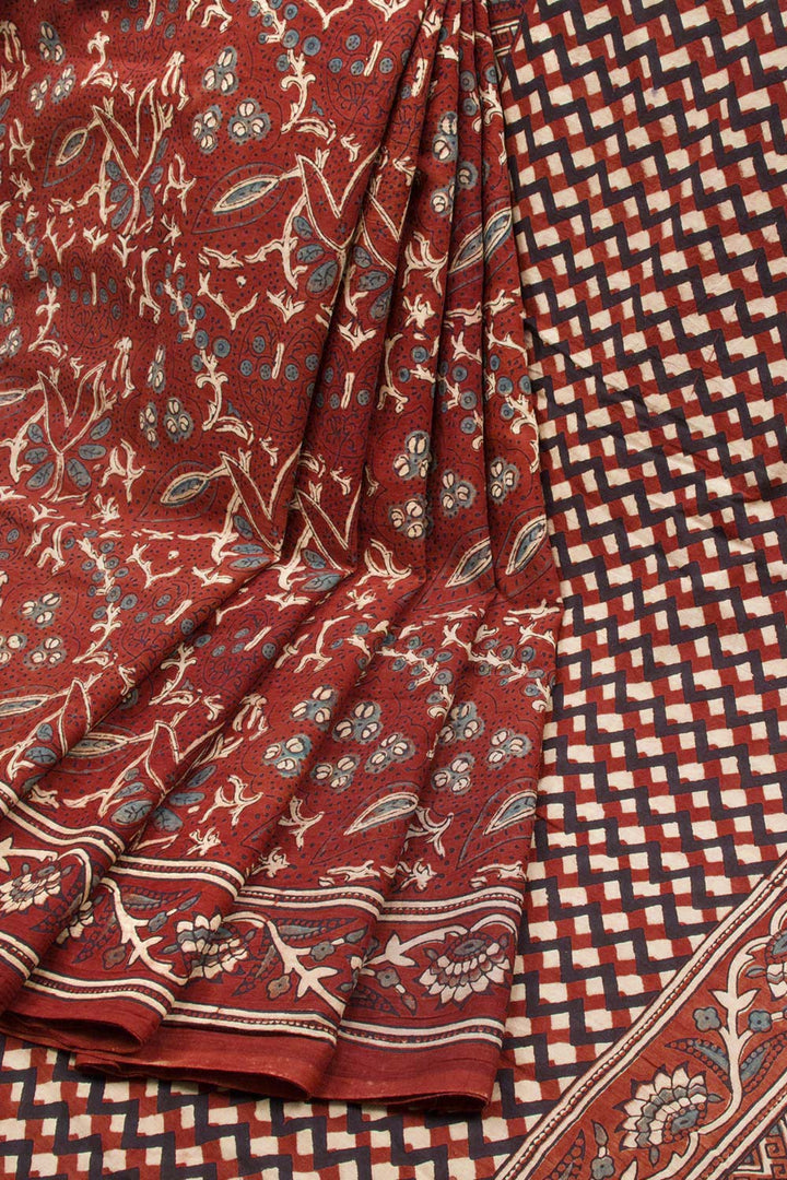 Red Ajrakh Printed Cotton Saree 10062725