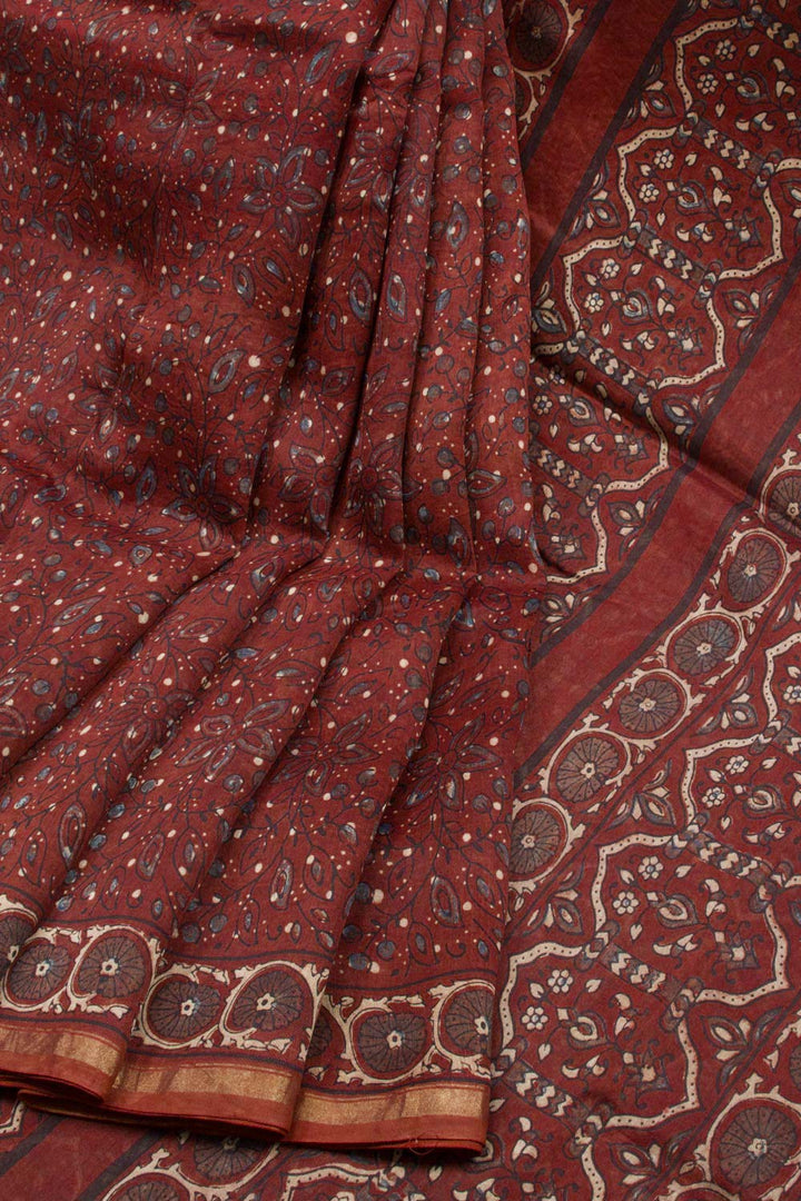 Red Ajrakh Printed Silk Cotton Saree 10062728