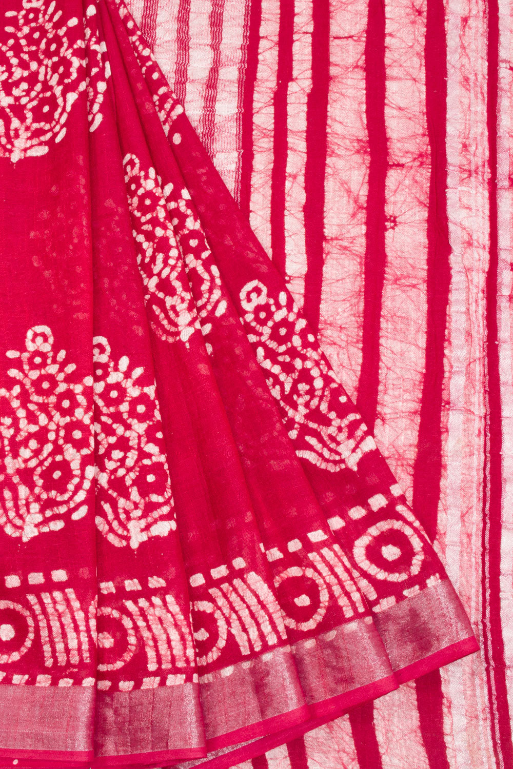 Red Batik Linen Saree 10062757