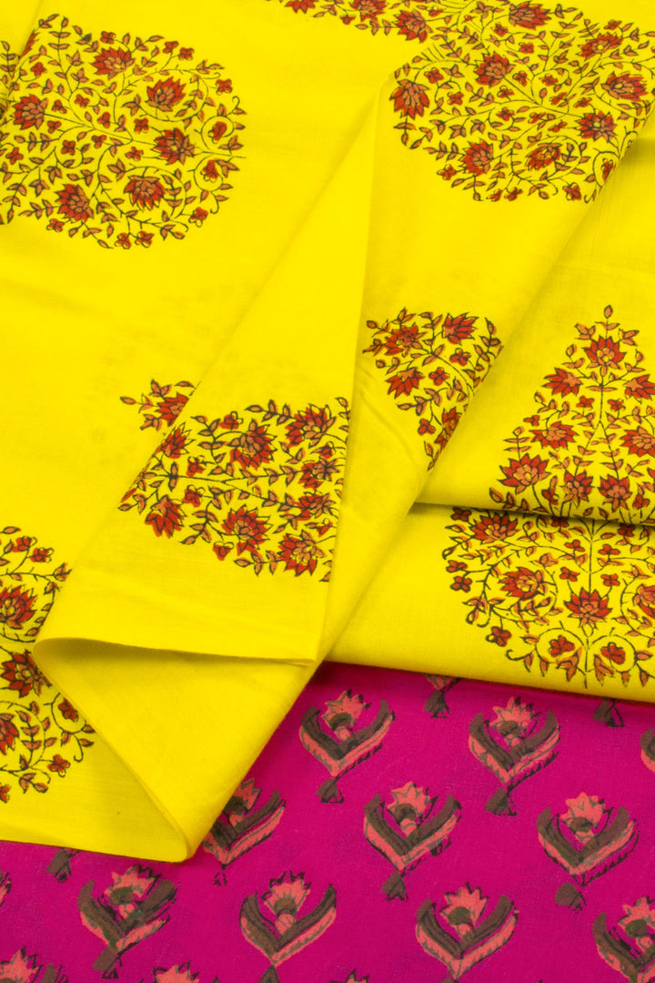 Yellow Hand Block Printed Mulmul Cotton Salwar Suit Material 10062837