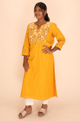 Yellow Sozni Embroidered Tussar Cotton Kurta 10066286