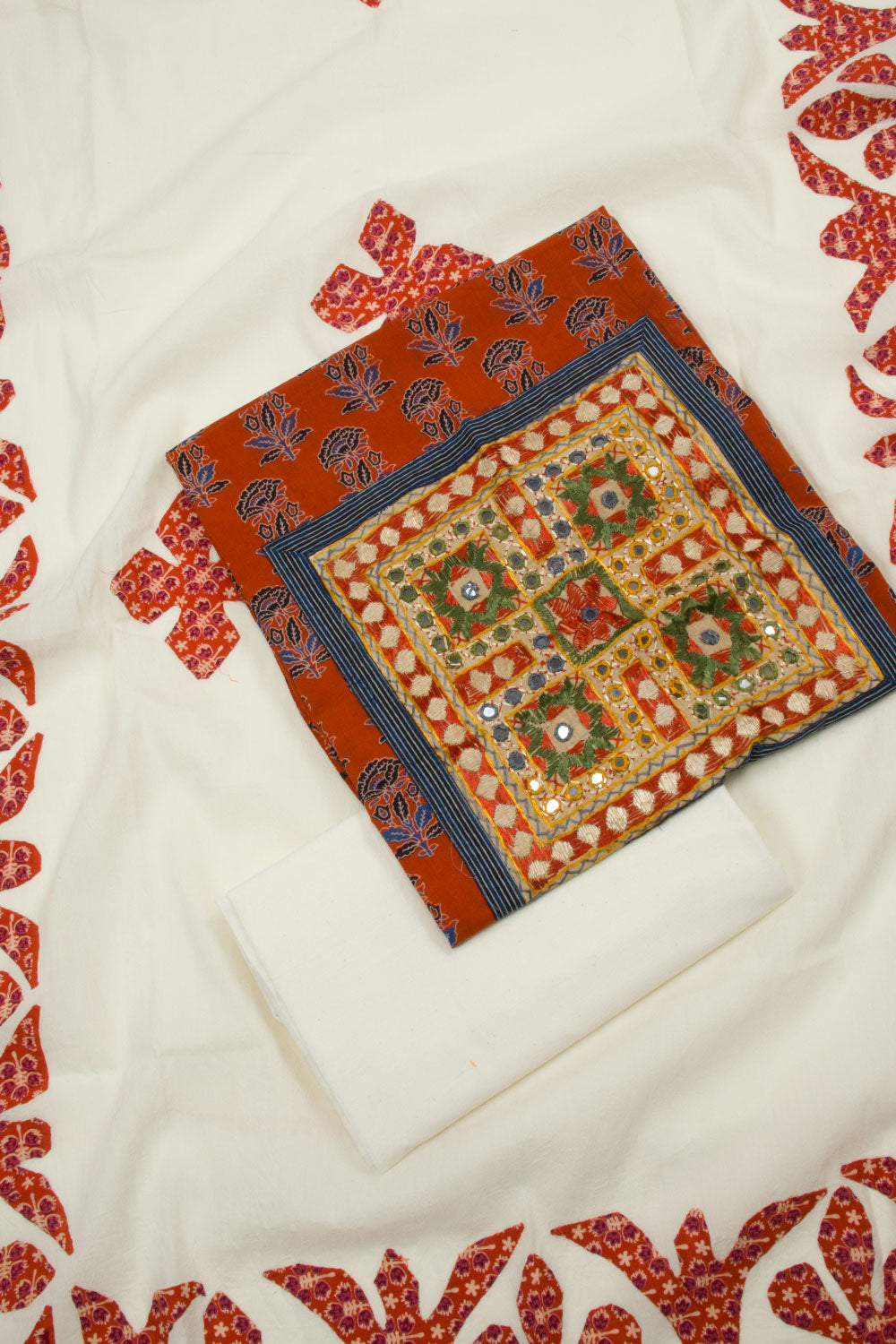 Orange Barmer Cotton Patchwork 3 Piece Salwar Suit Material 10062972
