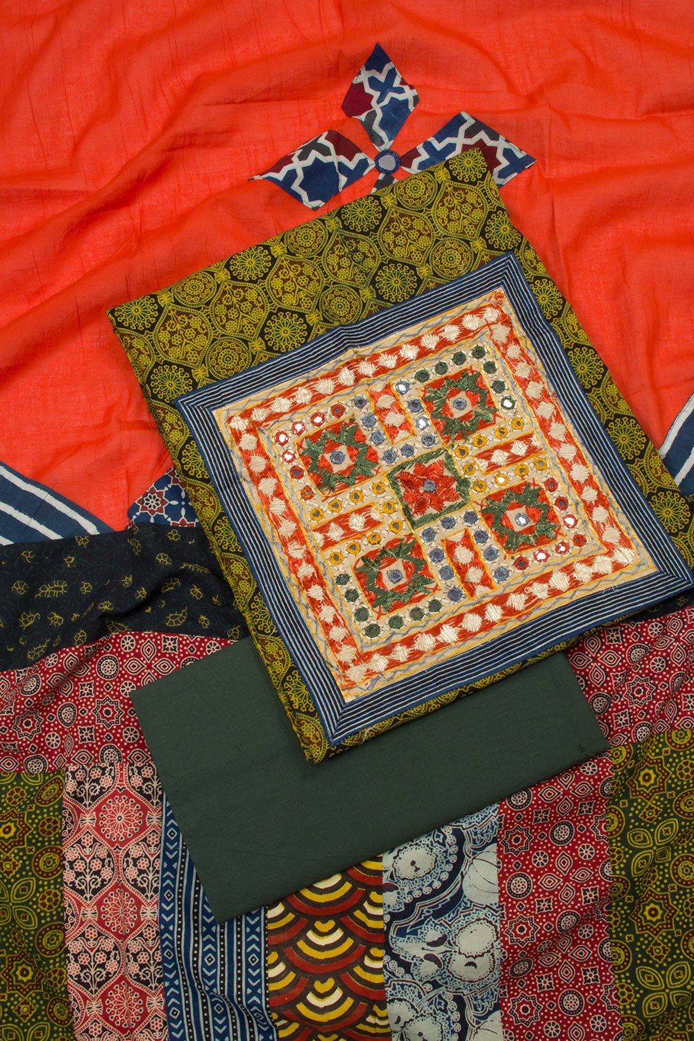 Green Barmer Cotton Patchwork 3 Piece Salwar Suit Material 10062973