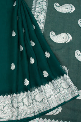 Forest Green Handloom Khaddi Banarasi Chiffon Saree 10062982