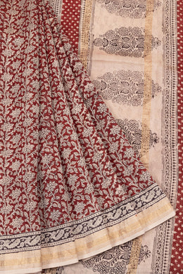Maroon with Beige Bagh Printed Silk Cotton Saree - 10063036