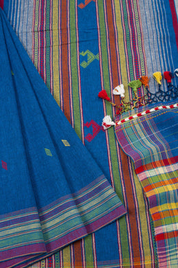 Medium Teal Blue Handloom Bhujodi Kala Cotton Saree 10063047