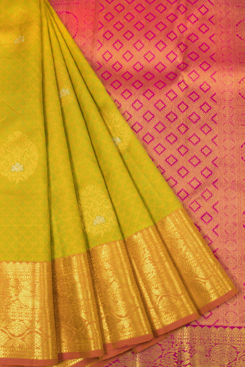 Greenish Yellow Pure Zari Jacquard Kanjivaram Silk Saree 10063077