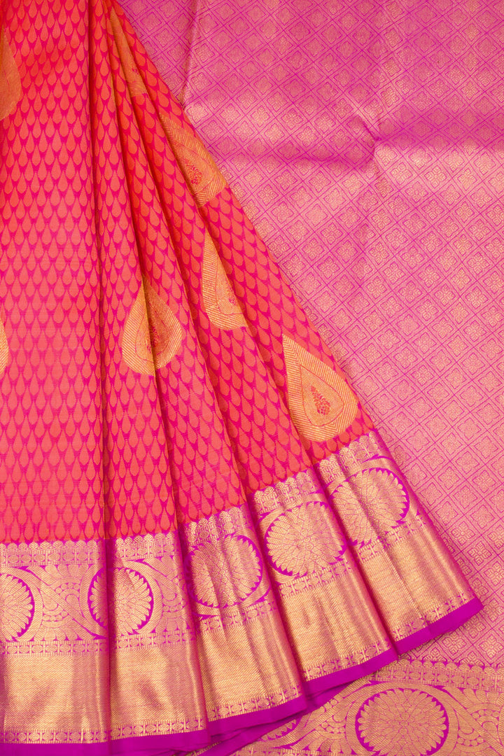 Pink Shot Orange Jacquard Pure Zari Kanjivaram Silk Saree 10063079