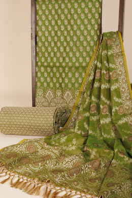 Green Banarasi Cotton 3-Piece Salwar Suit Material - Avishya