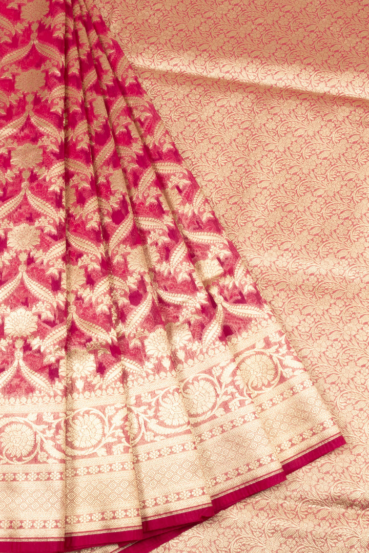 Pink Handloom Banarasi Katrua Kora Silk Saree
