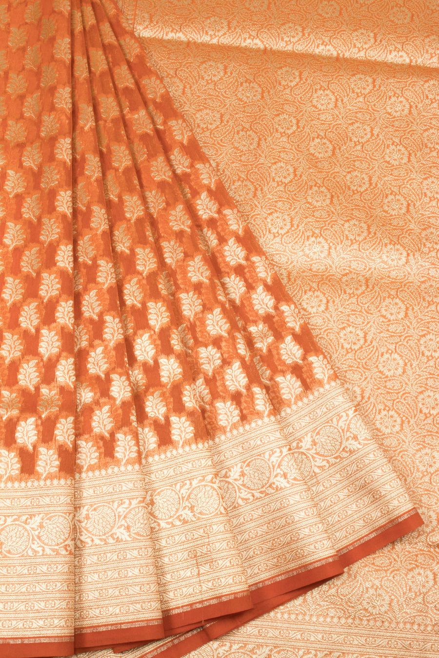 Rusty Orange Handloom Banarasi Katrua Kora Silk Saree 10063184
