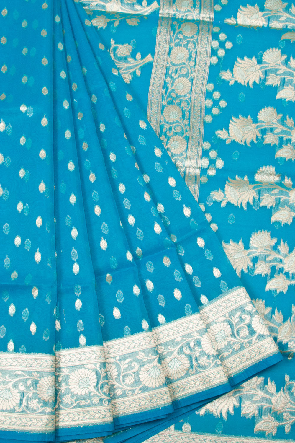 Blue Handloom Banarasi Kora Silk Saree