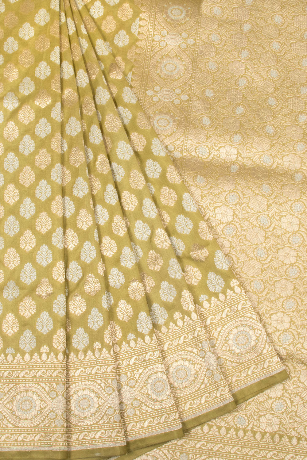 Light Olive Green Handloom Banarasi Katan Silk Saree 10063207