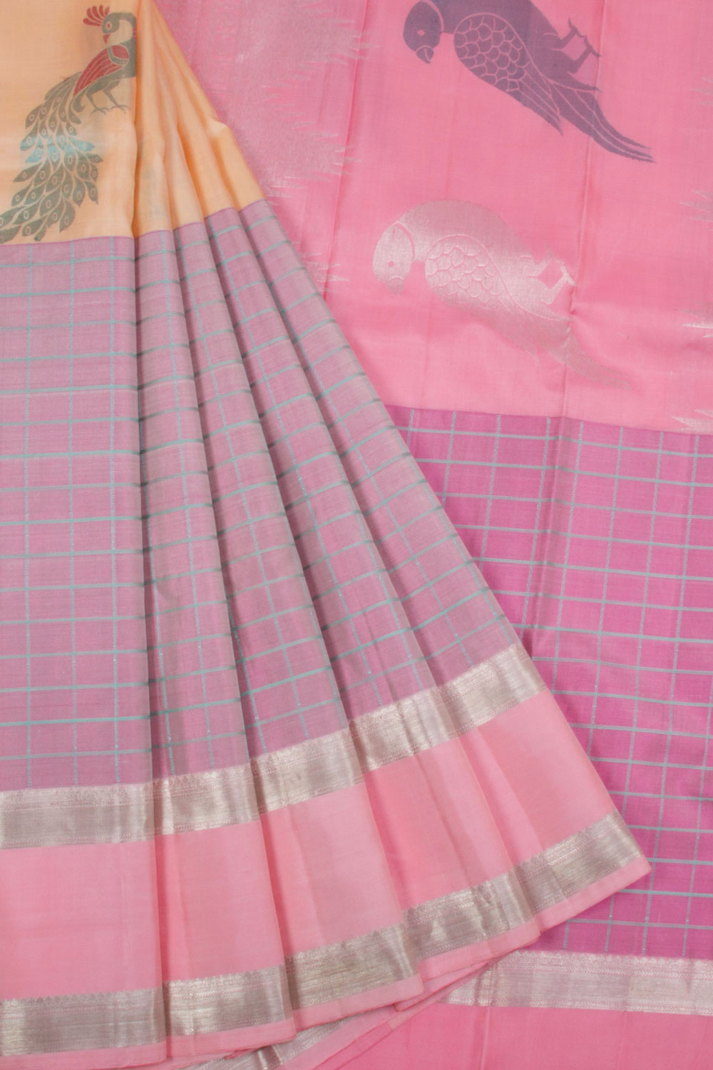 Cream & Pink Handloom Pure Zari Kanjivaram Silk Saree 10063353