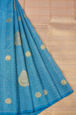 Cool Blue Borderless Jacquard Kanjivaram Silk Saree 10063401