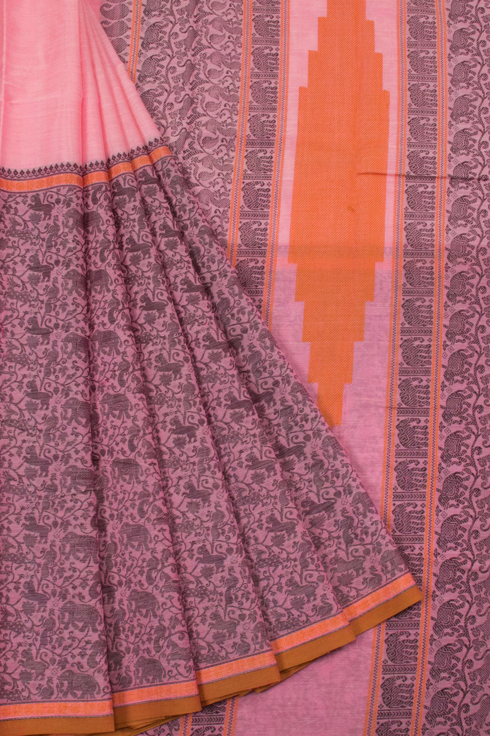 Baby Pink Handloom Kanchi Silk Cotton Half & Half Saree - 10063506
