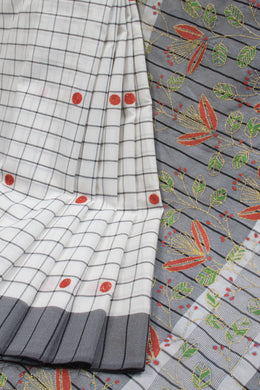 Off White Kantha Embroidered Cotton Saree - Avishya