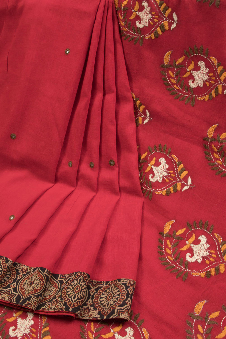 Red Kantha Embroidered Cotton Saree - Avishya