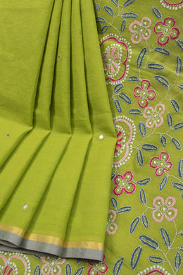 Green Kantha Embroidered Cotton Saree - Avishya