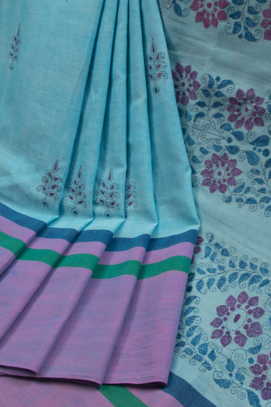 Blue Kantha Embroidered Cotton Saree - Avishya