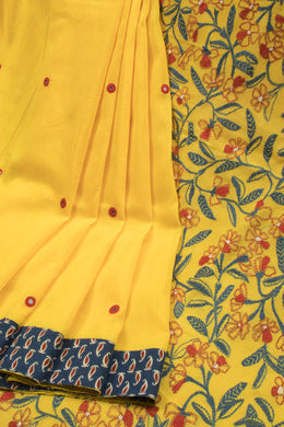 Lemon Yellow Kantha Embroidered Cotton Saree - Avishya
