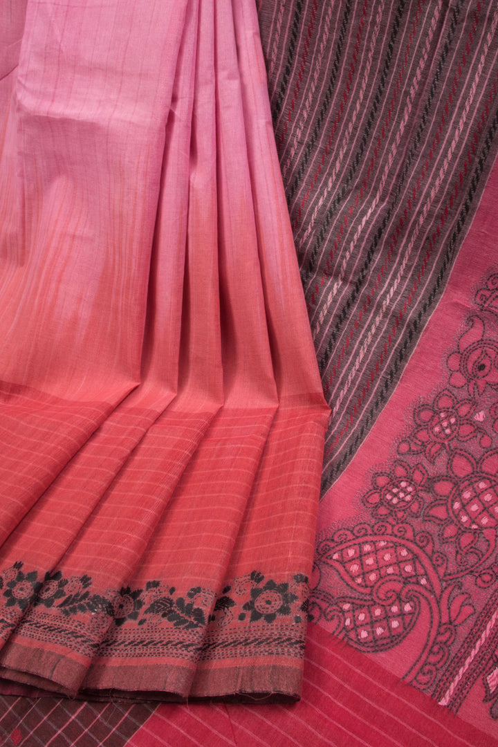 Pink Kantha Embroidered Cotton Saree 10063515
