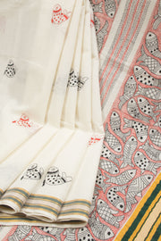 Off White Kantha Embroidered Cotton Saree - Avishya