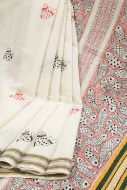 Off White Kantha Embroidered Cotton Saree - Avishya