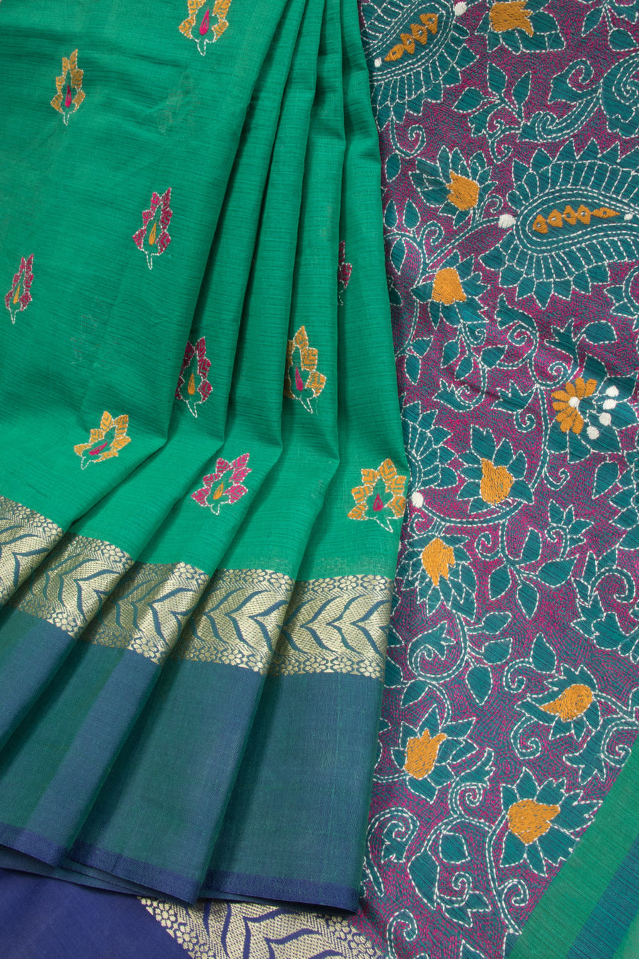 Green Kantha Embroidered Cotton Saree - Avishya