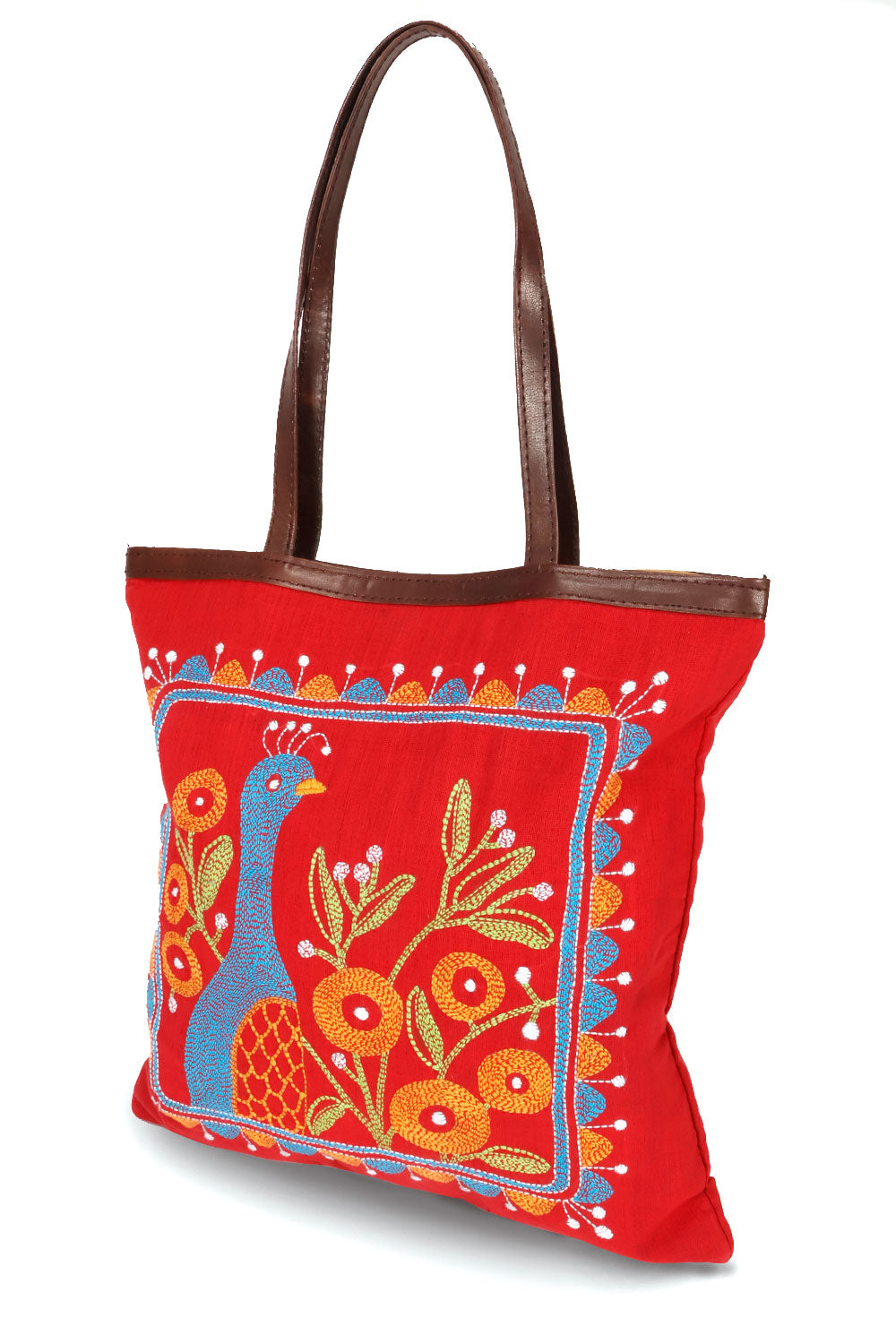 Red Kantha Embroidery Tote Bag 10063526