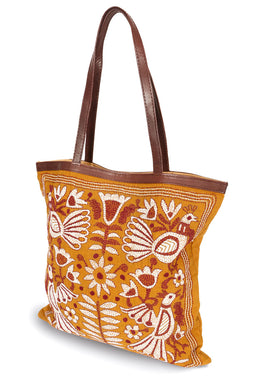 Mustard Yellow Kantha Embroidery Tote Bag 10063528