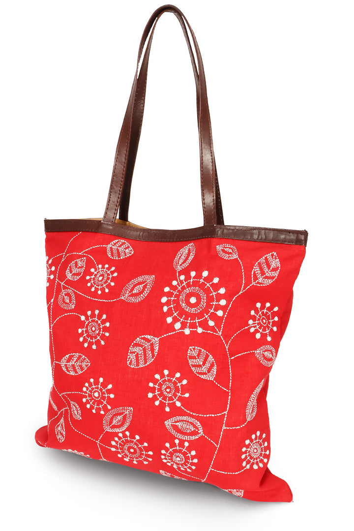 Red Kantha Embroidery Tote Bag 10063529