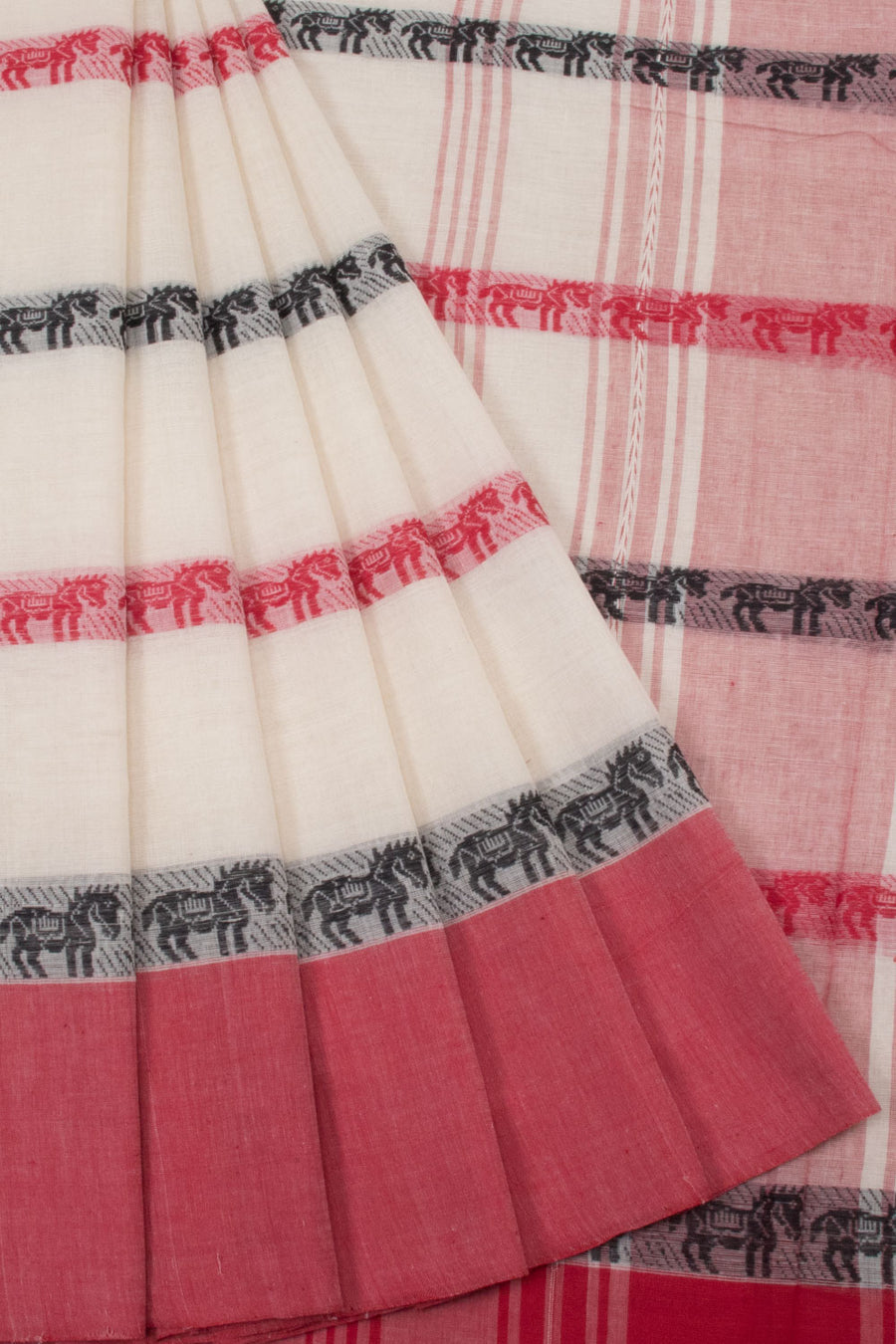 White with Red Handloom Dhaniakhali Cotton Saree - 10063544