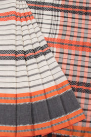 White with Orange Handloom Dhaniakhali Cotton Saree - 10063548
