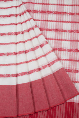 White with Red Handloom Dhaniakhali Cotton Saree - 10063549