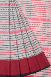 Grey with Red Handloom Dhaniakhali Cotton Saree - 10063551