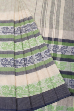 Off White with Black Handloom Dhaniakhali Cotton Saree - 10063553