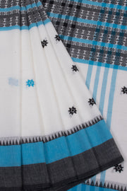 White with Blue Handloom Dhaniakhali Cotton Saree - 10063554