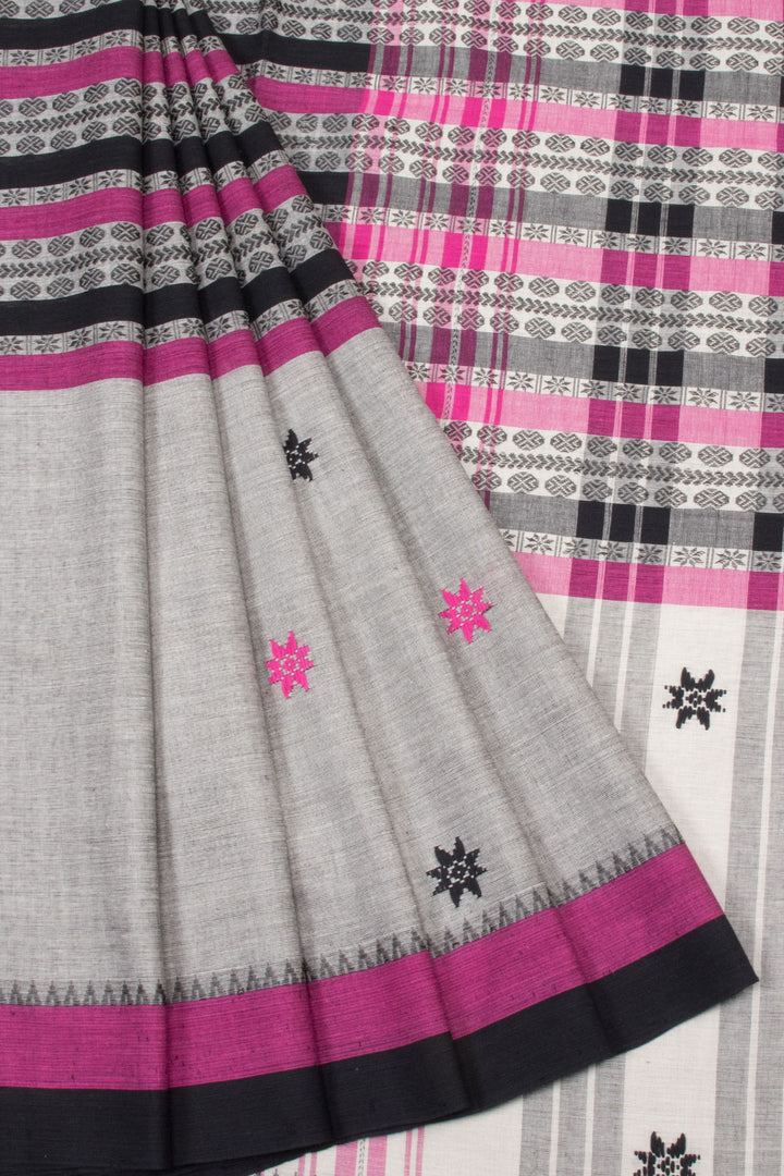 Grey with Pink Handloom Dhaniakhali Cotton Saree - 10063556