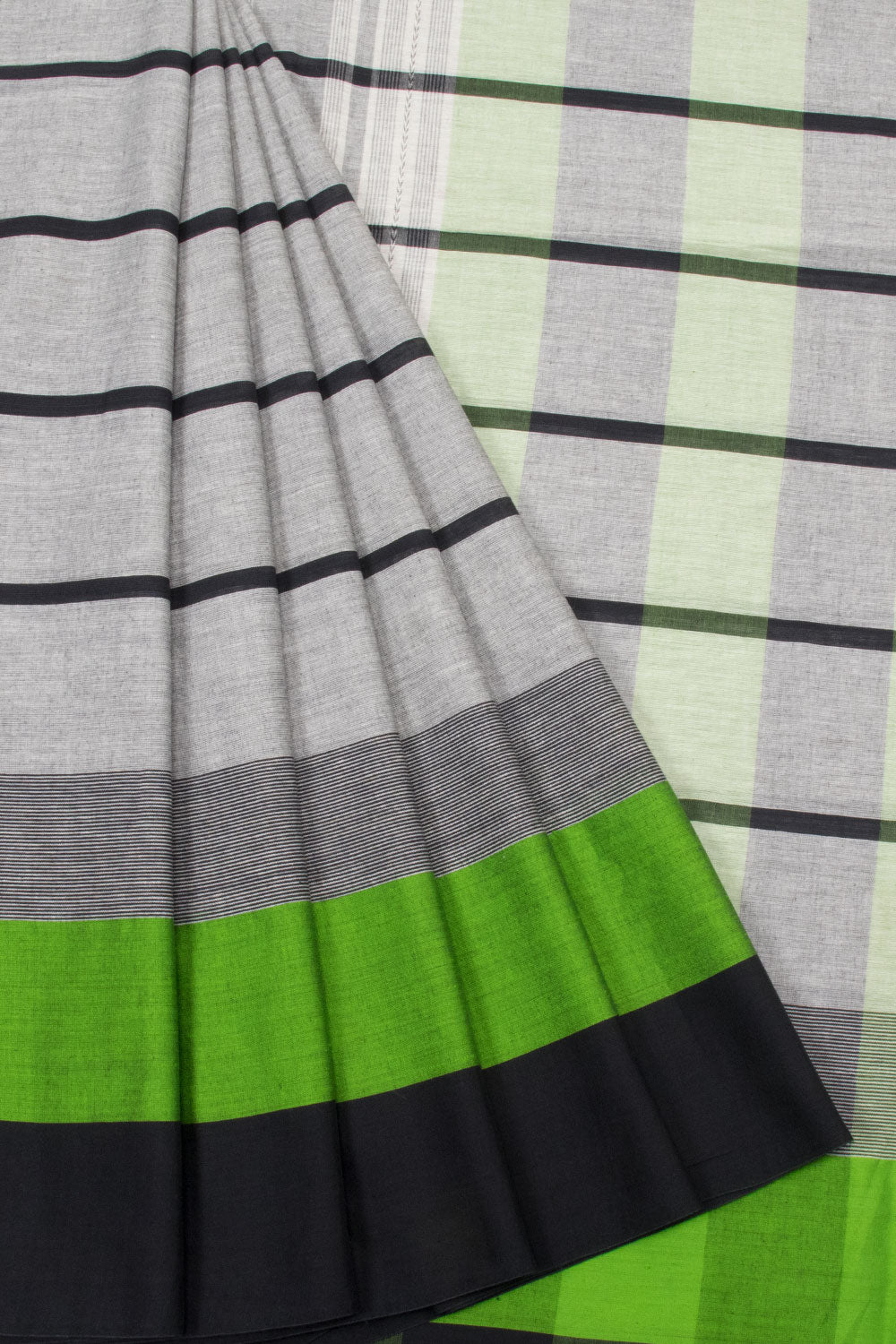 Grey with Green Handloom Dhaniakhali Cotton Saree - 10063559