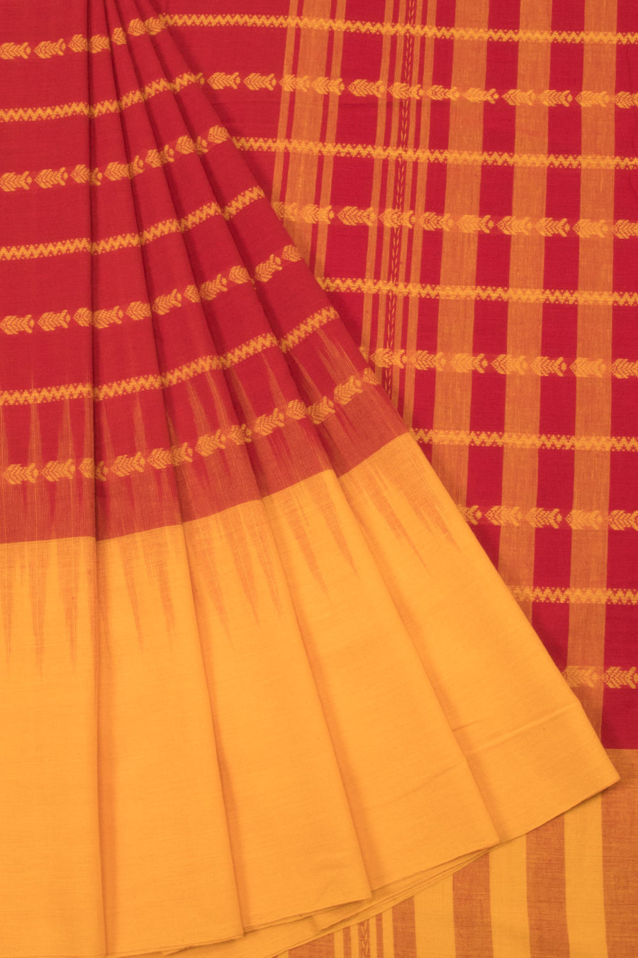 Red with Yellow Handloom Dhaniakhali Cotton Saree - 10063562