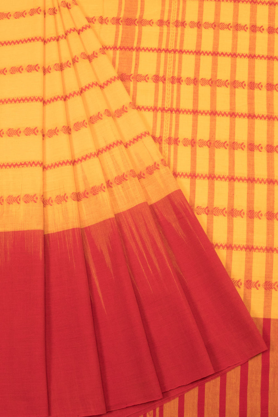 Yellow with Red Handloom Dhaniakhali Cotton Saree - Avishya