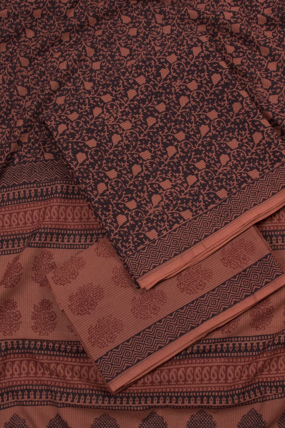 Brown with Black Bagh Printed Cotton 3-Piece Salwar Suit Material - 10063604