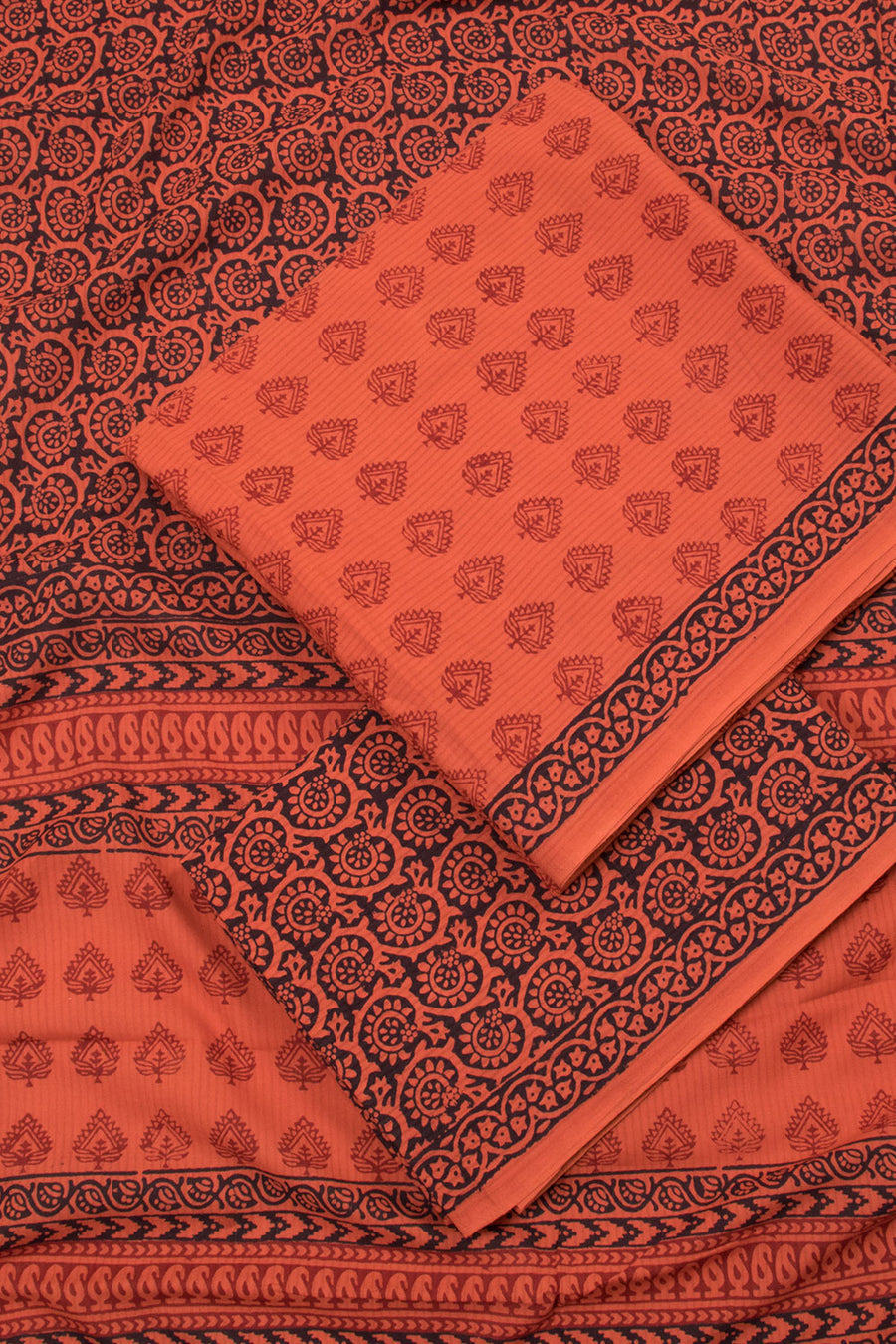 Caramel Brown with Black Bagh Printed Cotton 3-Piece Salwar Suit Material - 10063605