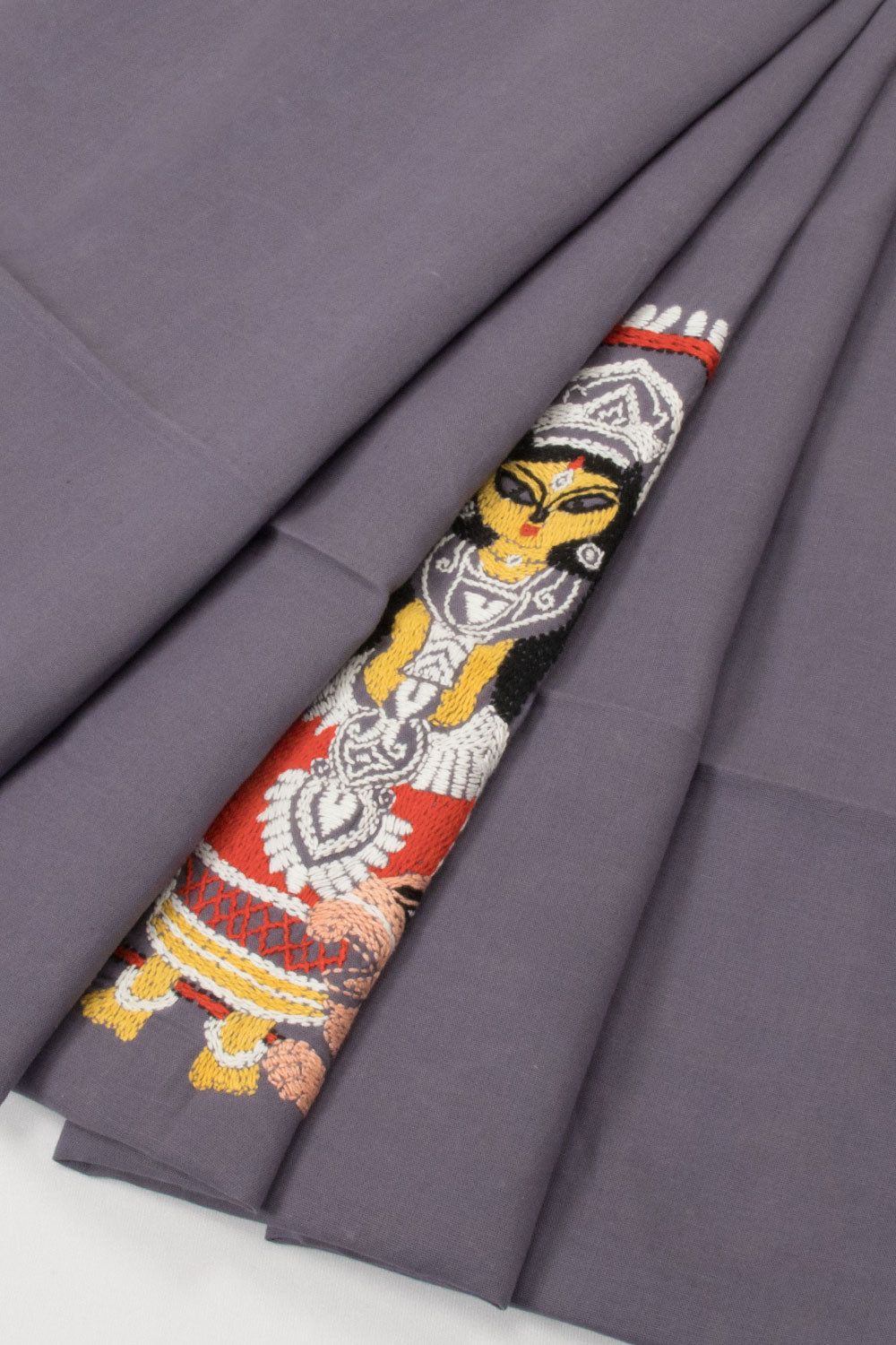 Grey Kantha Embroidered Silk Cotton Blouse Material  - Avishya