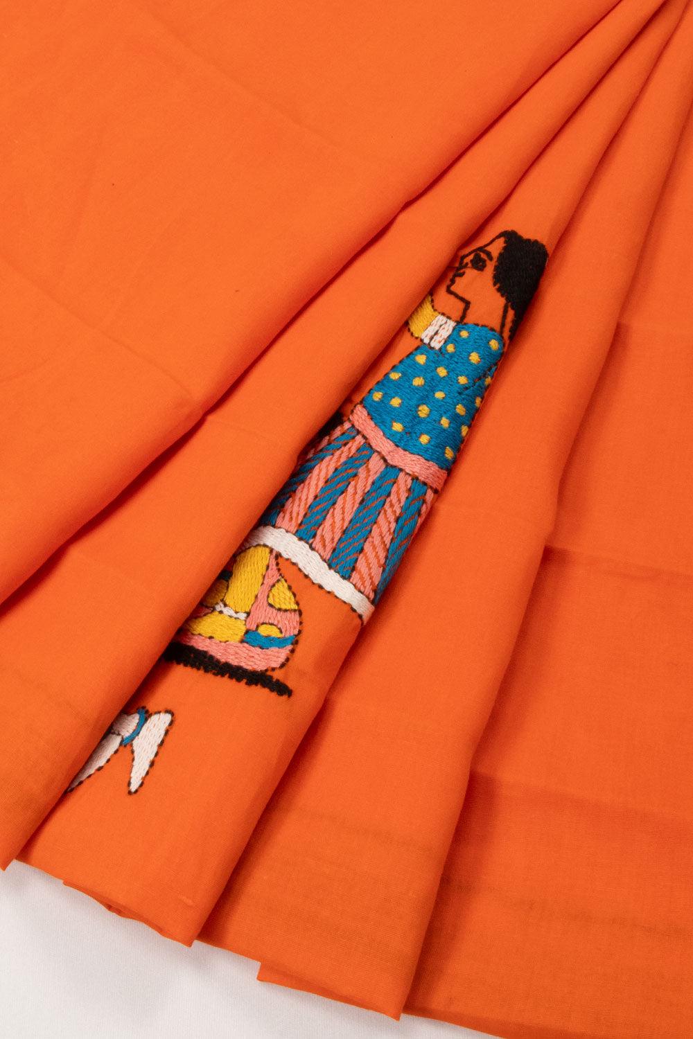 Orange Kantha Embroidered Silk Cotton Blouse Material - Avishya